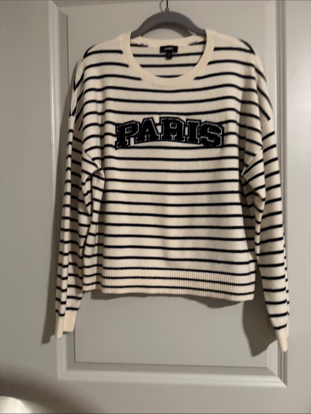 Express Paris Stripe Crewneck Sweater - Ivory & Navy